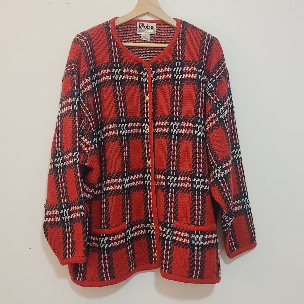 Red Plaid Knit Cardigan Plus Size 2X
